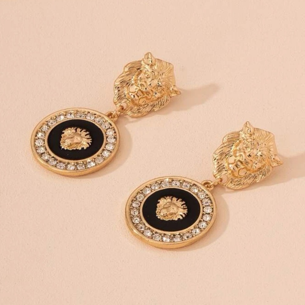 Vintage 90s Style Gold Lion White Zircon Black Lacquer Statement Earrings - Picture 4 of 12